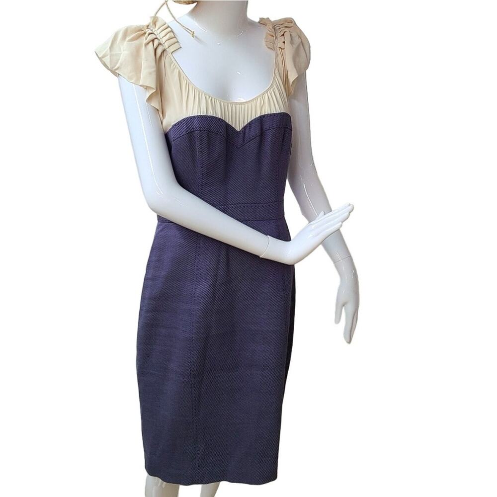 Rebecca Taylor Cream Ruffle Pleat Shoulder Blue Jean Stripe Linen Sheath Dress 0